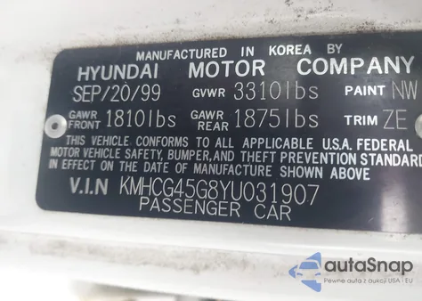 2000 Hyundai Accent Gl from USA, damaged, VIN KMHCG45G8YU031907